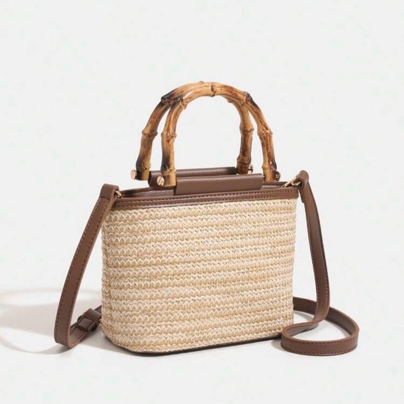 Handbags - Woven Straw Crossbody Bag with Bamboo Handles - Brown & Cream